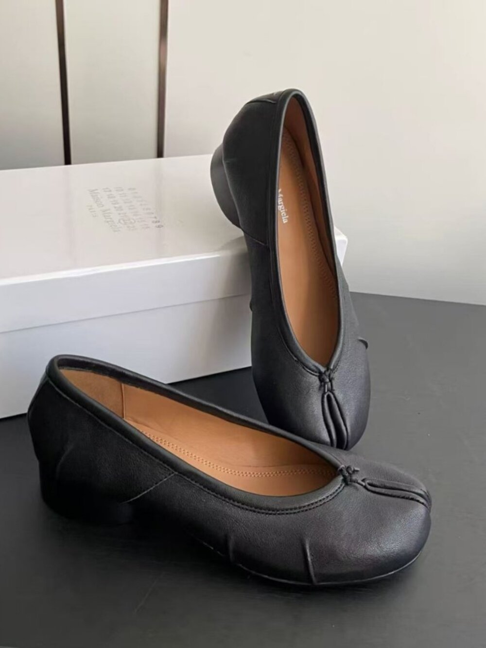 Maison Margiela Tabi Black Leather Split Toe Block Heel Ballet Shoes